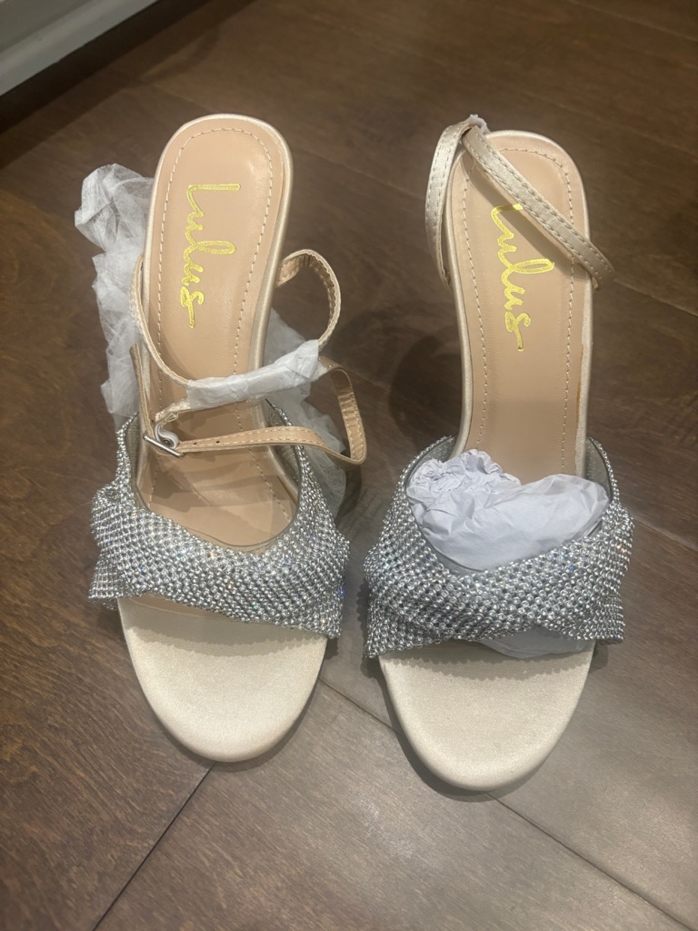 Lulu's Champagne Strappy Heeled Sandals with Silver Crystal Knot